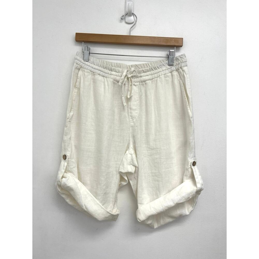 Magic Linen Roll Tab Cuffed 9” Bermuda Drawstring Coastal Relaxed Shorts - Large - Picture 1 of 11